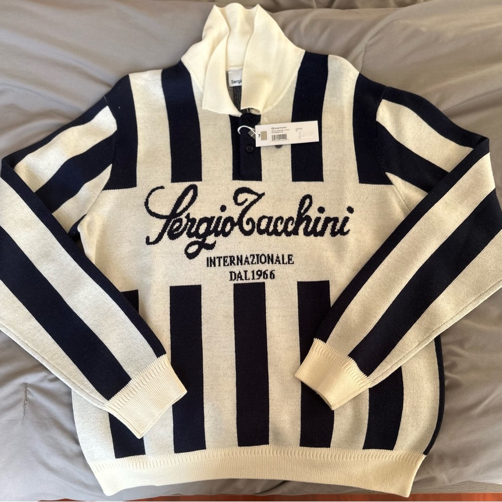 Sergio Tacchini Navy Blue and White Striped Sweater